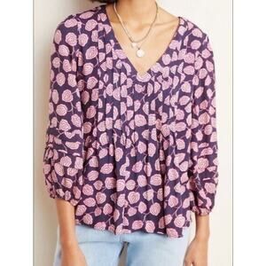 ANTHROPOLOGIE MAEVE Cathy Pleated Pintuck Blouse in Purple/Pink Floral Size S